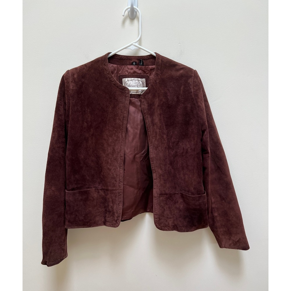Marlynn Traditions Ltd Jacket Women 6 Brown Suede Leather Open Front Cropped VTG